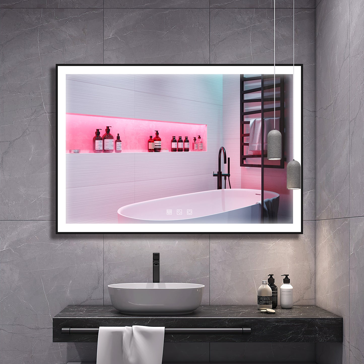 Kiva-Rhyme Black Framed LED Vanity Wall Mounted Mirror, 40x32", 3 Buttons