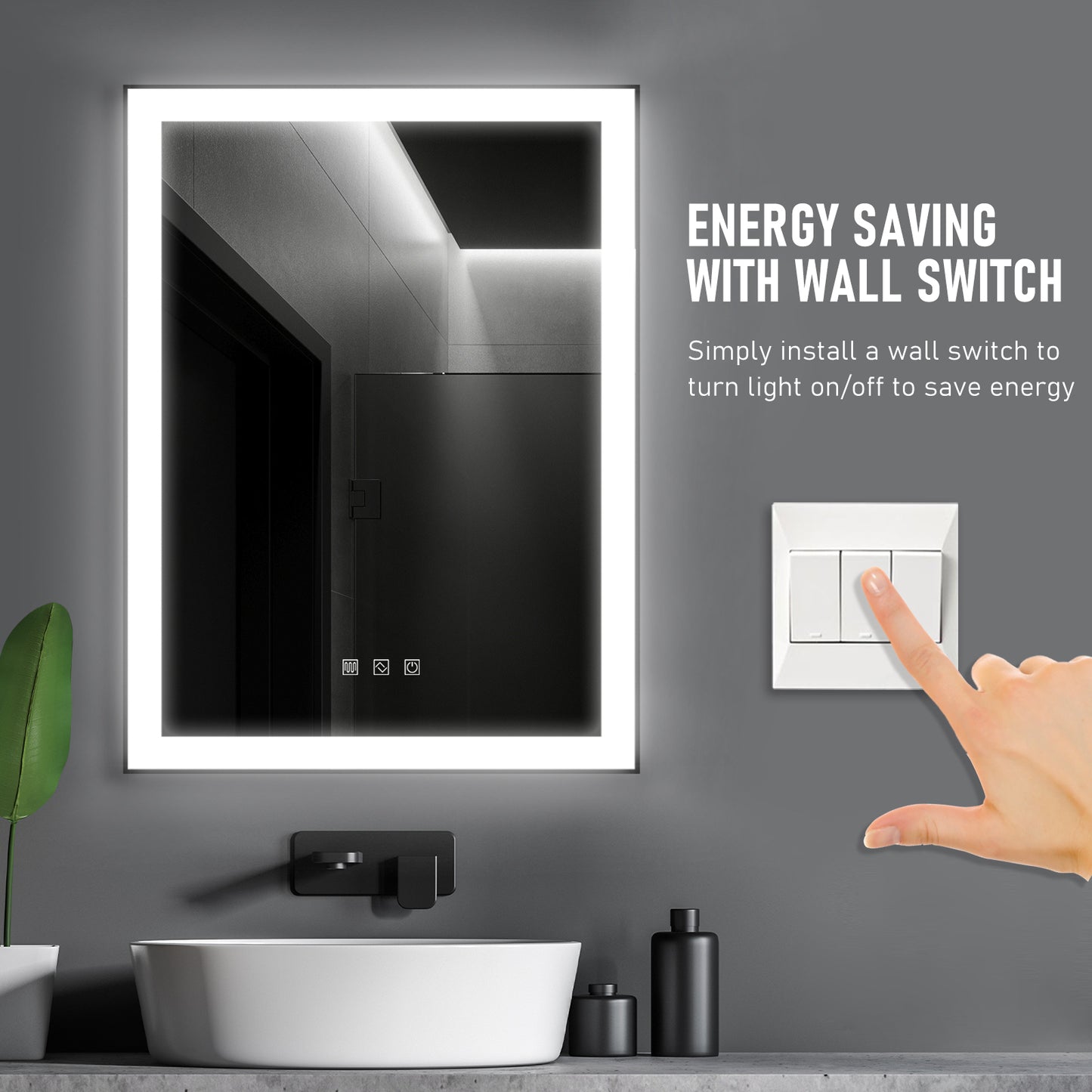 Kiva-Rhyme Black Framed LED Vanity Wall Mounted Mirror, 24x36", 3 Buttons