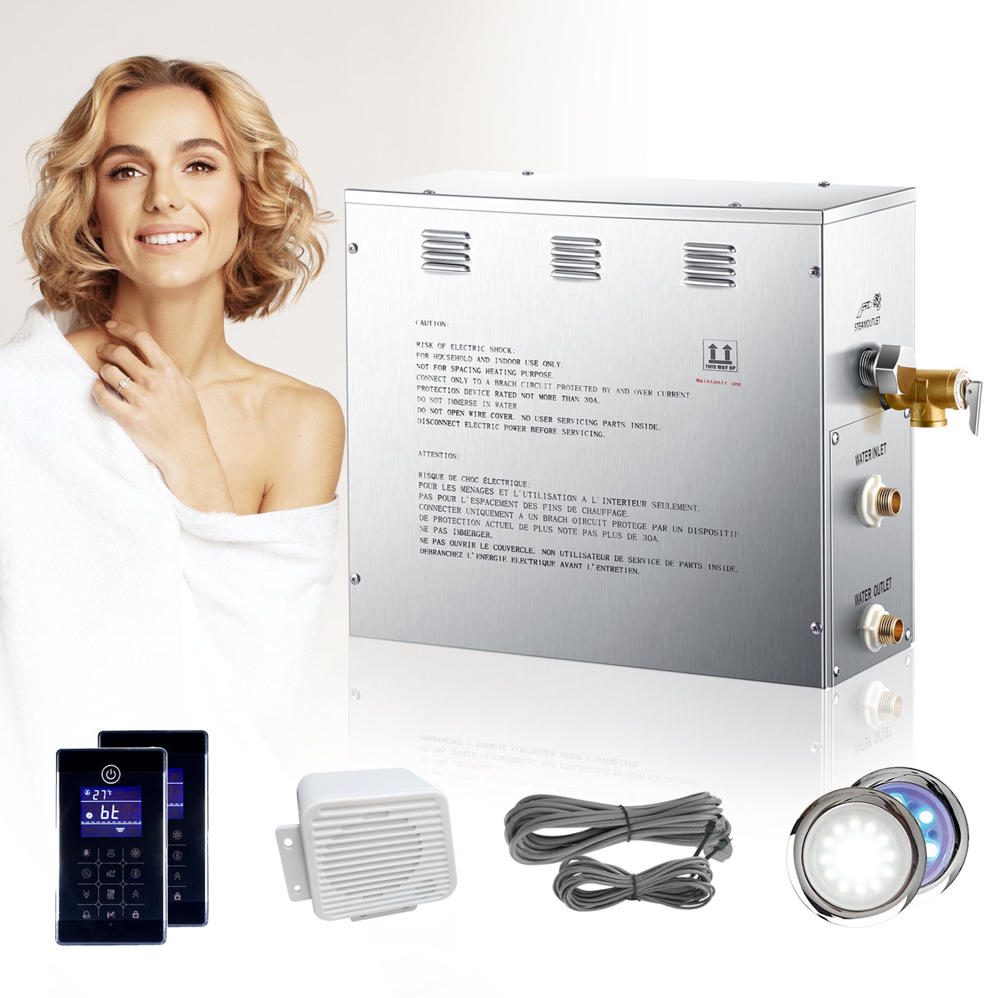 Auto Drain Steam-7.5kwD Steam Shower System for SPA, Luxury Steam Generator with Touch Screen Bluetooth in Polished Chrome with Dual Control Panel for Bathroom