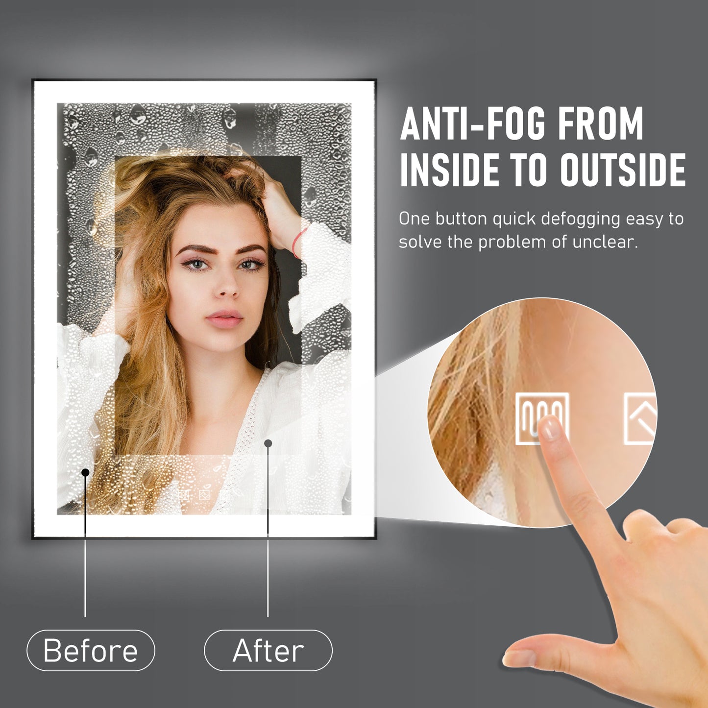 Kiva-Rhyme Black Framed LED Vanity Wall Mounted Mirror, 48x32", 3 Buttons