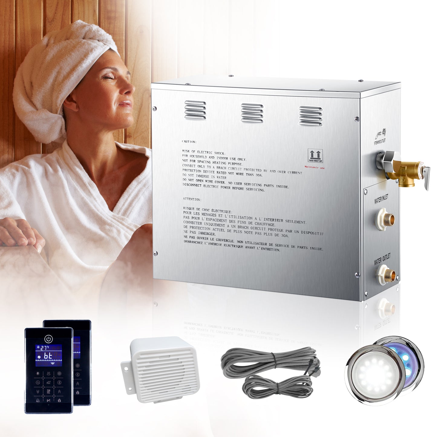 Auto Drain Steam-9kwD Steam Shower System for SPA, Luxury Steam Generator with Touch Screen Bluetooth in Polished Chrome with Dual Control Panel for Bathroom