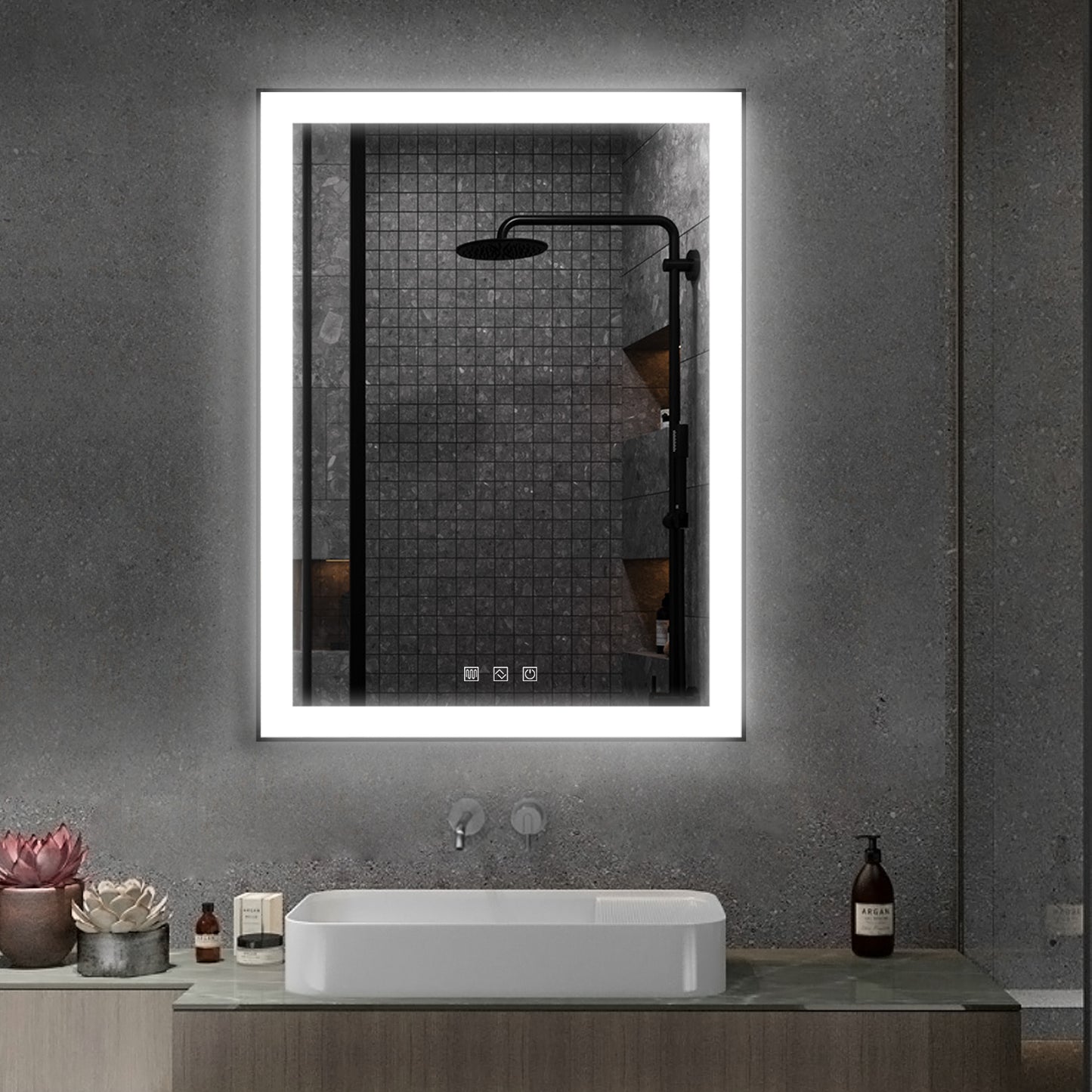Kiva-Rhyme Black Framed LED Vanity Wall Mounted Mirror, 48x36", 3 Buttons