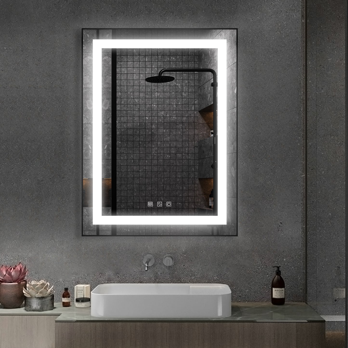 Kiva-Rhyme Black Framed LED Vanity Wall Mounted Mirror, 48x32", 3 Buttons