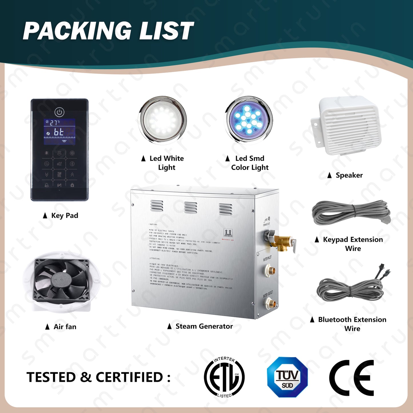 Auto Drain Steam-7.5kwD Steam Shower System for SPA, Luxury Steam Generator with Touch Screen Bluetooth in Polished Chrome with Dual Control Panel for Bathroom