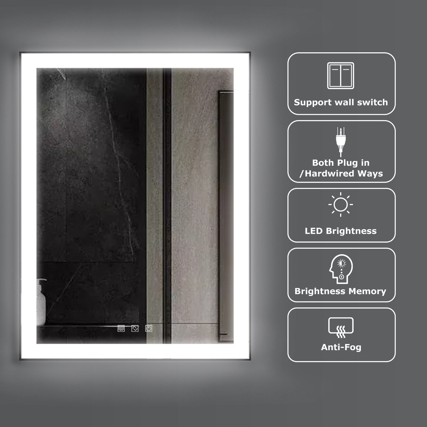 Kiva-Rhyme Black Framed LED Vanity Wall Mounted Mirror, 40x32", 3 Buttons