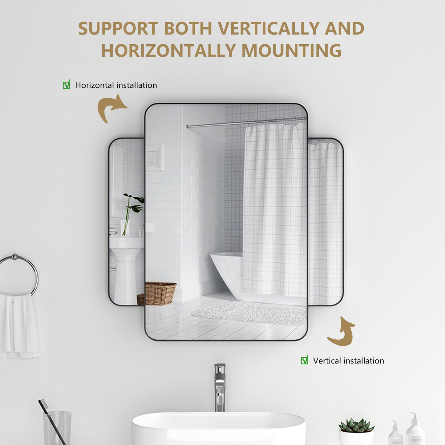 Framed Bathroom Mirror, Rectangular Mirror With Horizontal Or Vertical Wall Mounted Design