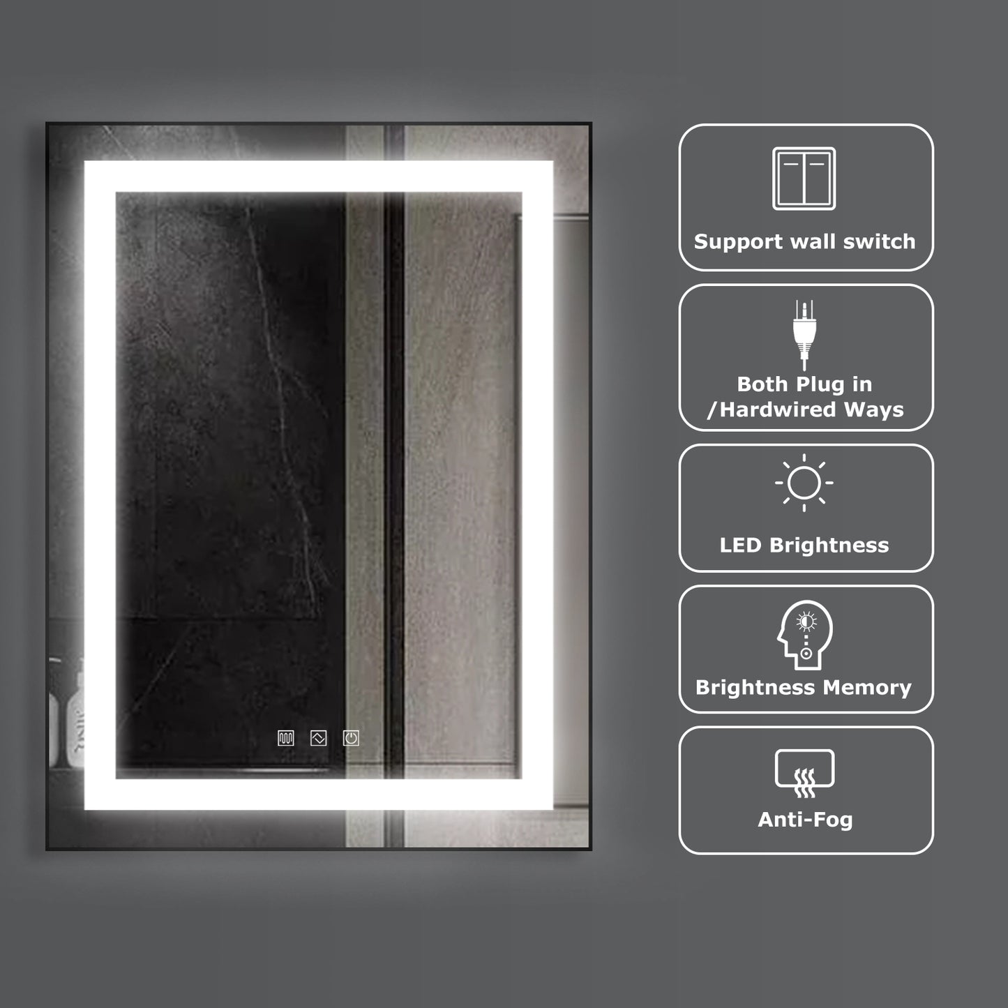 Kiva-Rhyme Black Framed LED Vanity Wall Mounted Mirror, 40x24", 3 Buttons