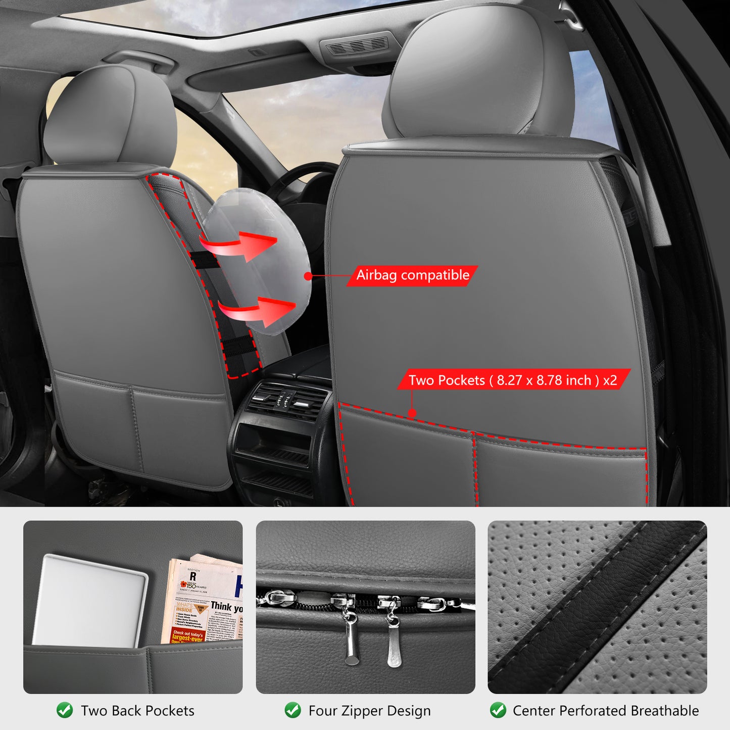 Kivaguru Universal Leather Car Seat Covers with Non-Slip Backrest Protection