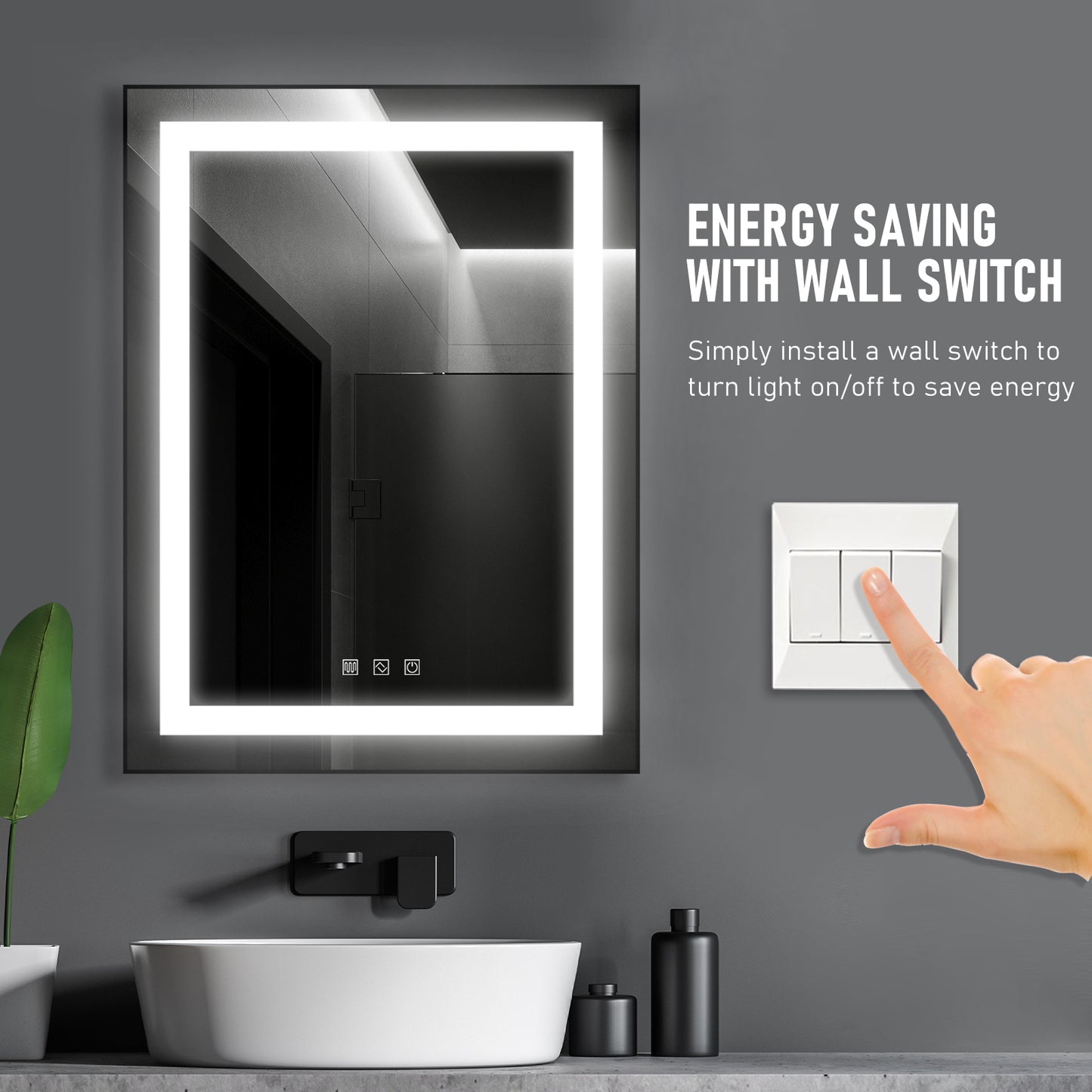 Kiva-Rhyme Black Framed LED Vanity Wall Mounted Mirror, 48x32", 3 Buttons