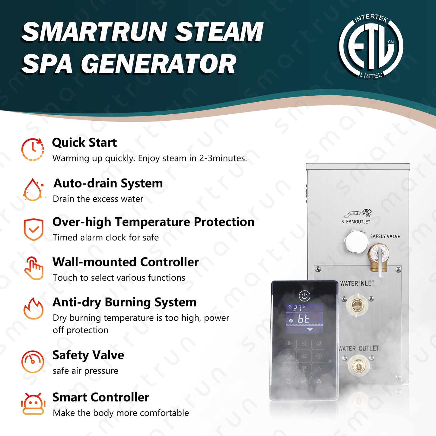 Auto Drain Steam-7.5kwD Steam Shower System for SPA, Luxury Steam Generator with Touch Screen Bluetooth in Polished Chrome with Dual Control Panel for Bathroom
