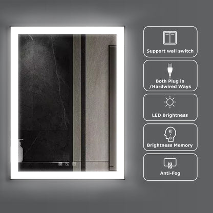 Kiva-Rhyme Black Framed LED Vanity Wall Mounted Mirror, 24x36", 3 Buttons