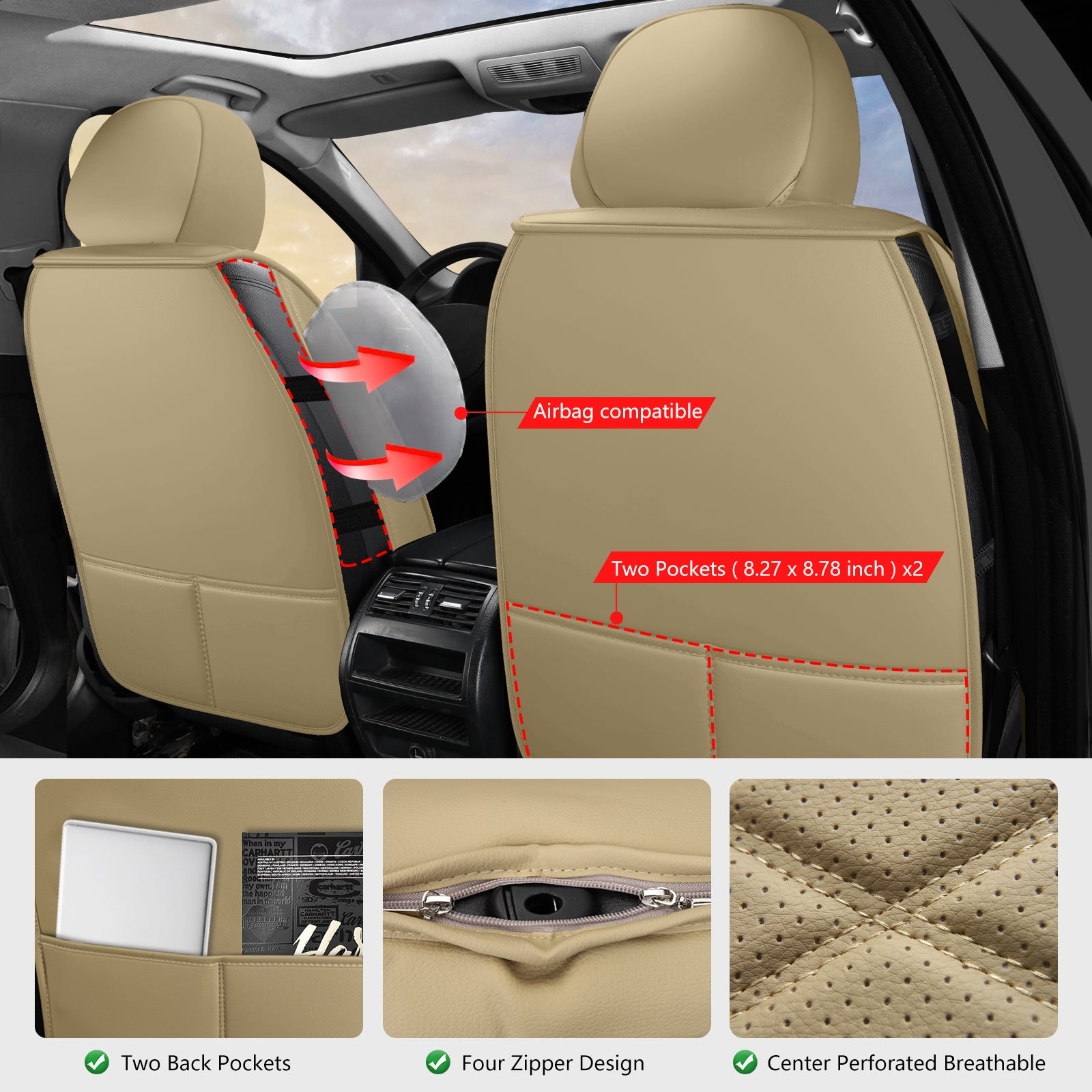 Kivaguru Universal Leather Car Seat Covers with Non-Slip Backrest Protection