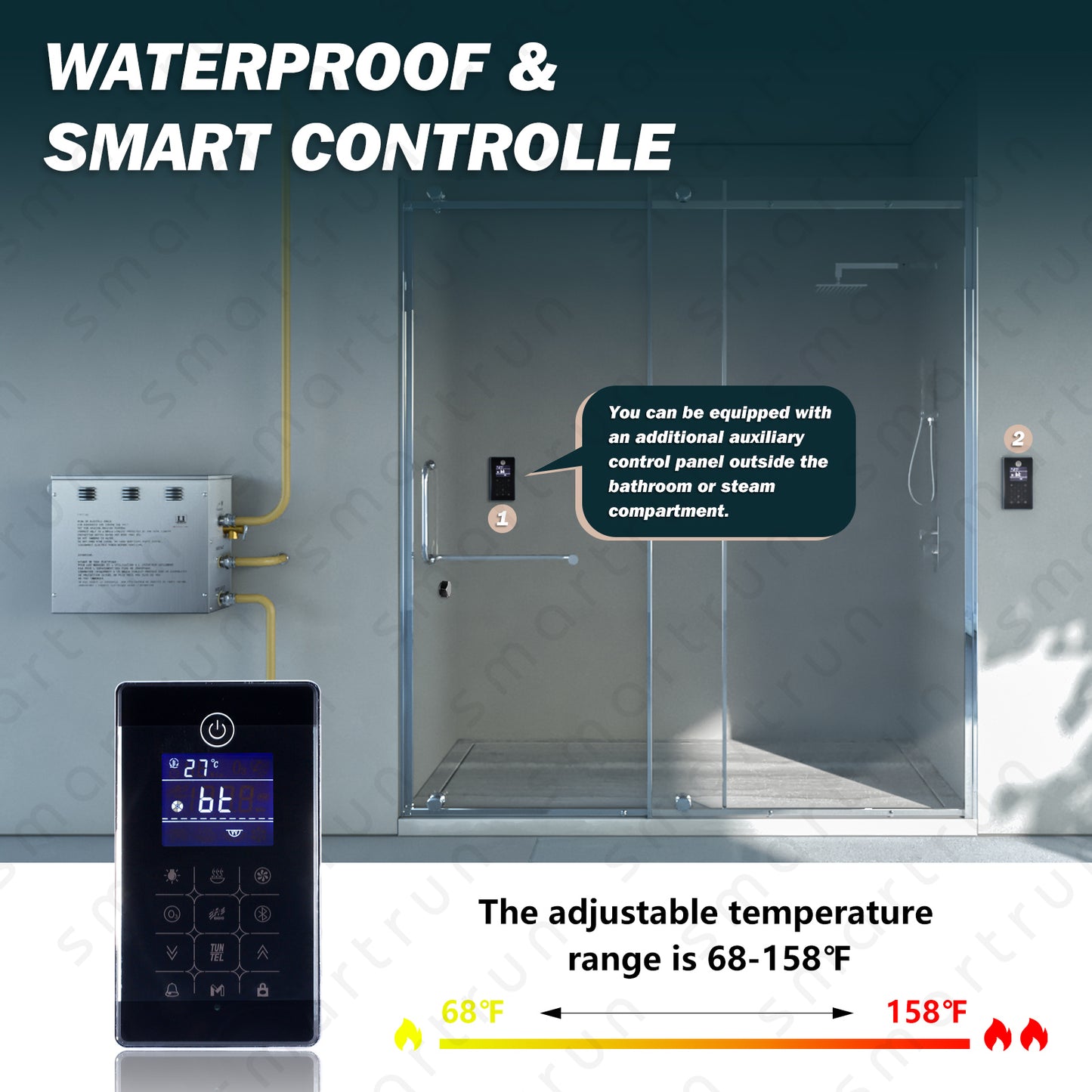 Auto Drain Steam-7.5kwD Steam Shower System for SPA, Luxury Steam Generator with Touch Screen Bluetooth in Polished Chrome with Dual Control Panel for Bathroom