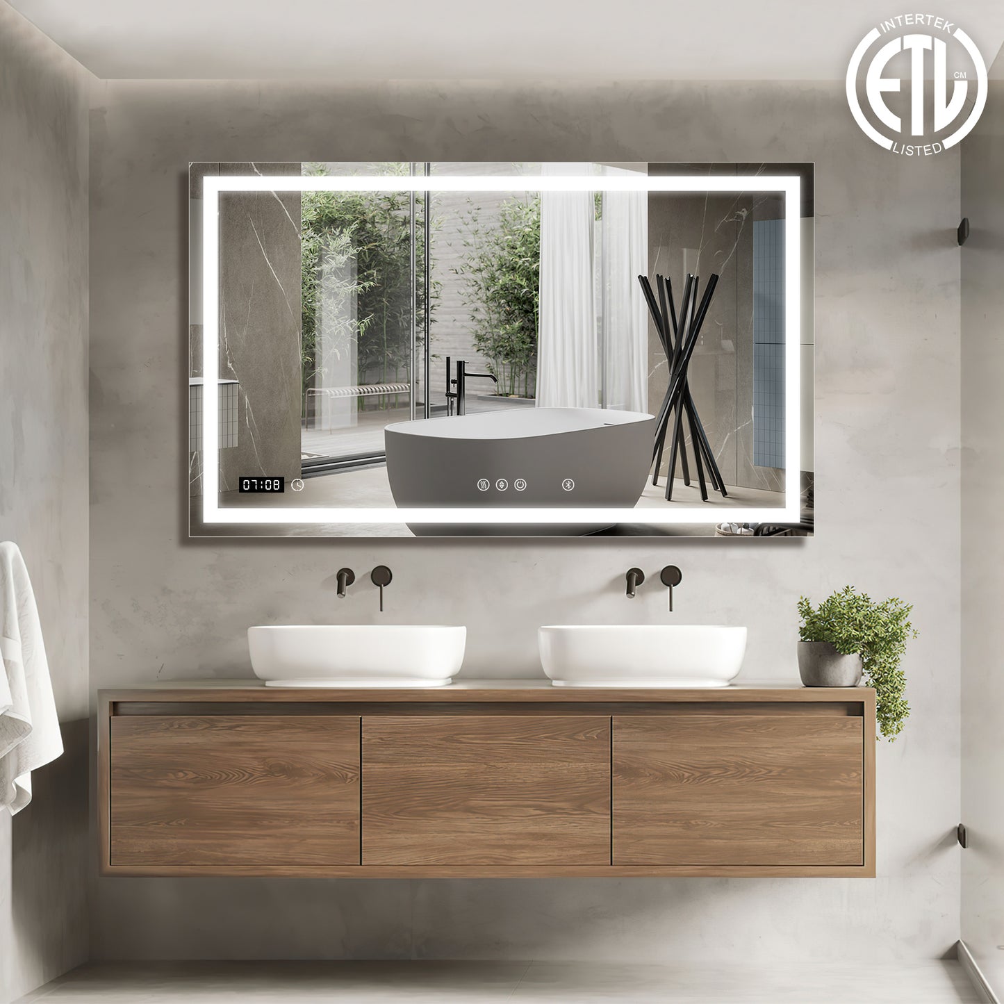 60"*36"LED Wall Mounted Backlit Vanity Framed Bathroom LED Lighted Mirror With Clock And Bluetooth